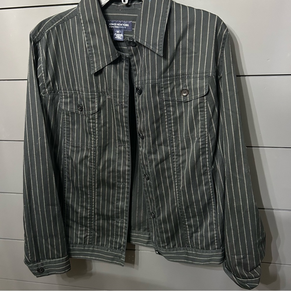 Jones New York Black Pinstripe Cotton Stetch Lightweight Jacket 1XL Black
